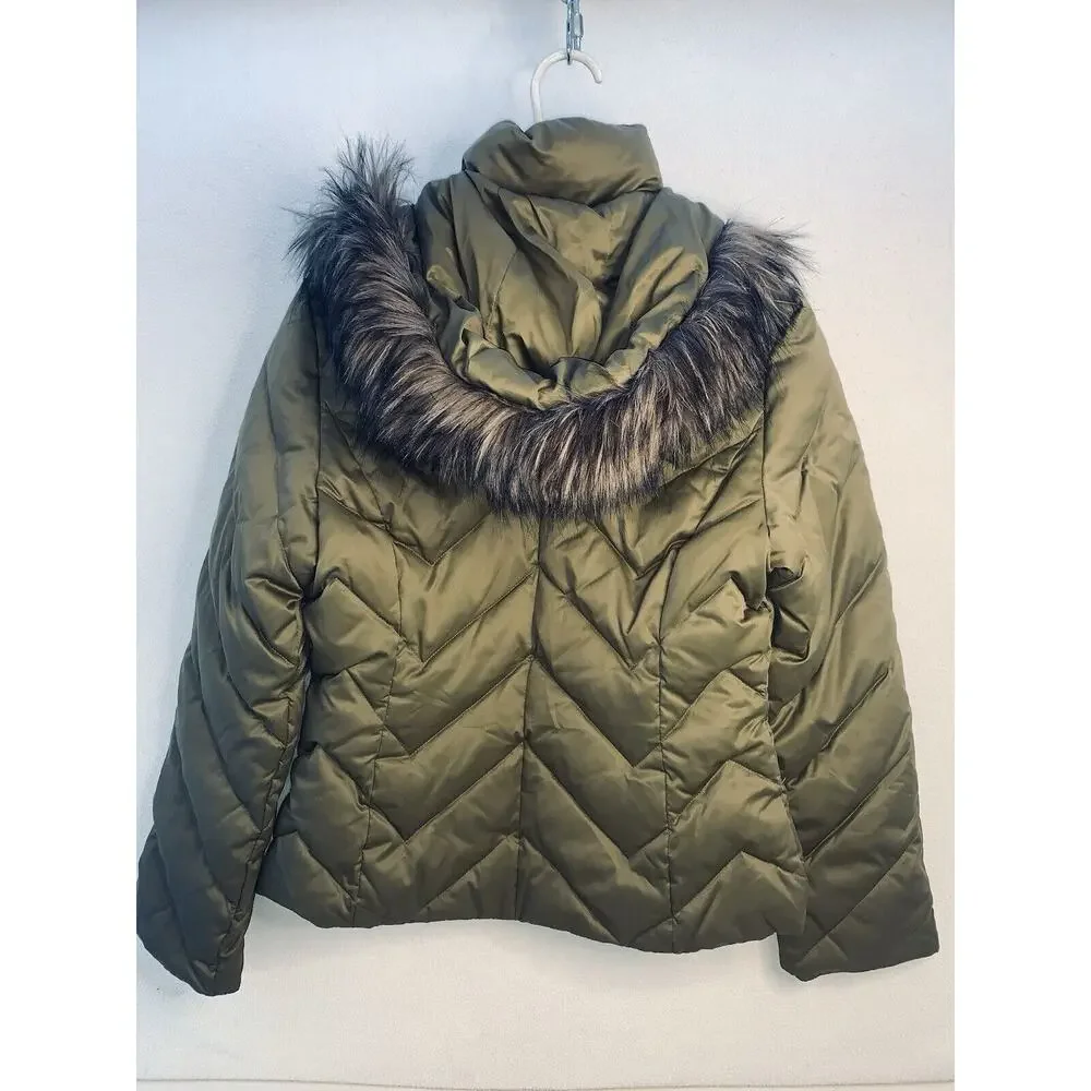 Sz M Nine West Womens Puffer Faux Fur Trim Hood jacket Down Parka Pockets Unworn